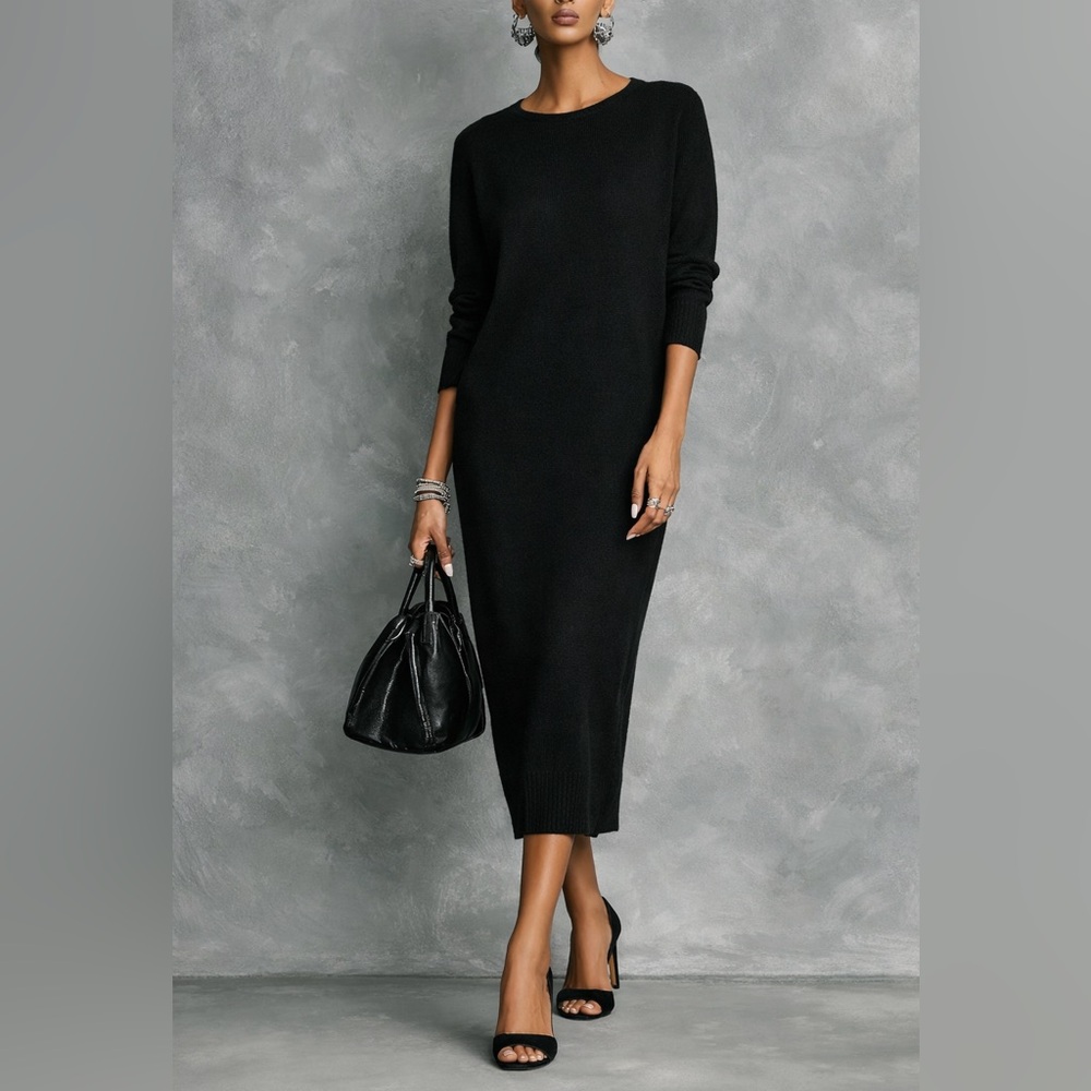 Alain Manoukian Black Angora Wool Knit Dress Midi Minimalist Cozy Size 3